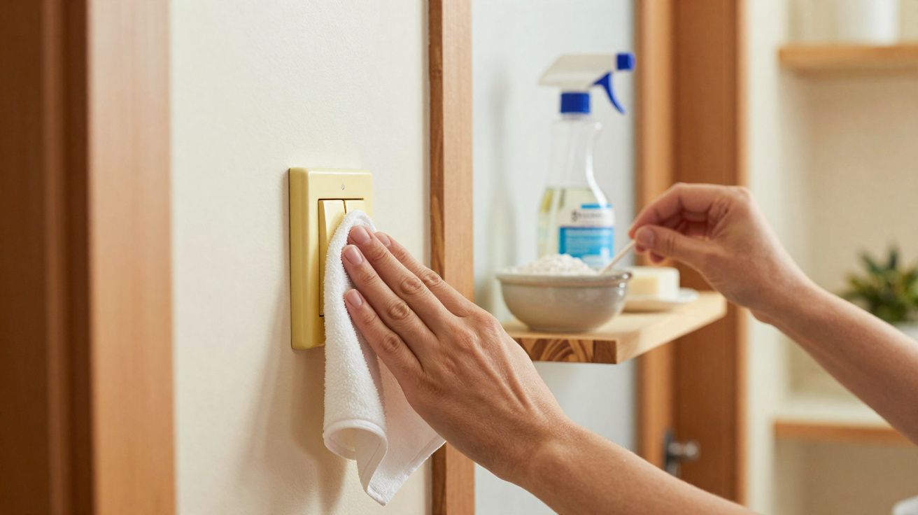 Pessoa limpando interruptor de luz com pano branco e preparando solução de limpeza caseira.