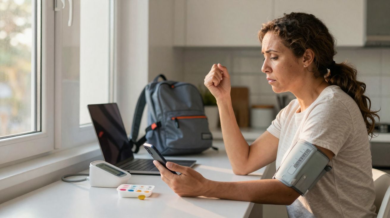 Mulher usando aparelho de pressão consulta resultado no celular em cozinha iluminada perto da janela.