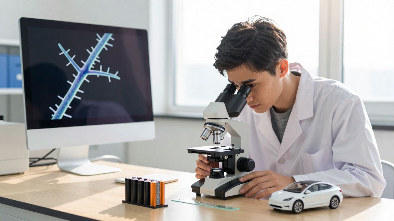 Cientista jovem em jaleco usando microscópio em laboratório com imagens na tela e modelo de carro na mesa.