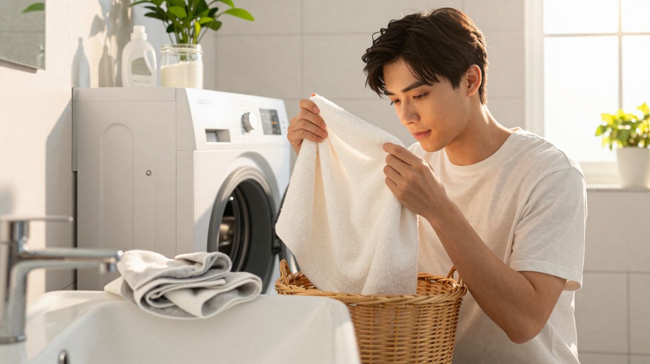 Homem conferindo toalha branca ao lado de máquina de lavar em lavanderia iluminada.