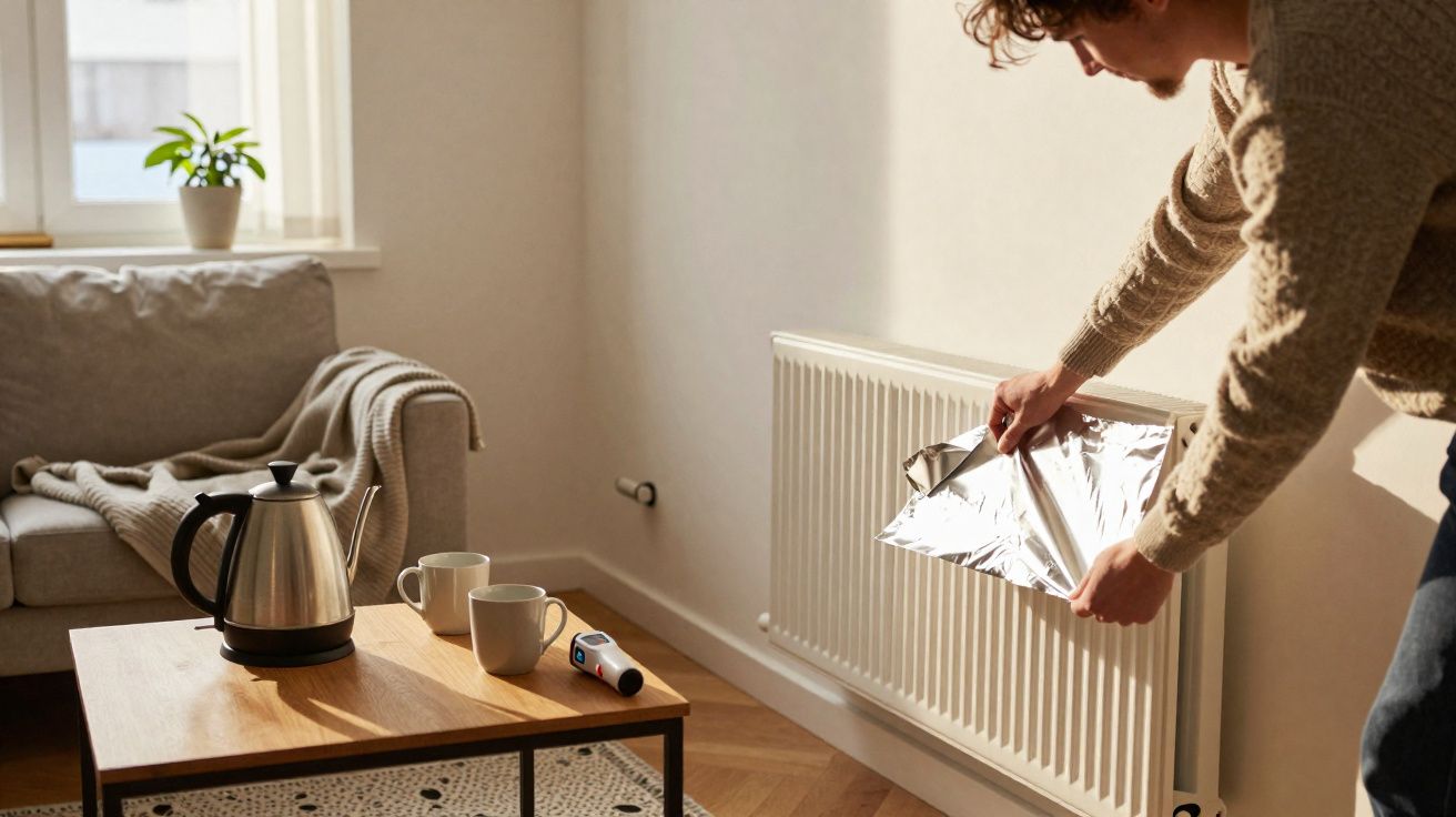 Pessoa colocando papel alumínio refletor atrás do radiador em sala com chaleira e canecas sobre mesa de madeira.