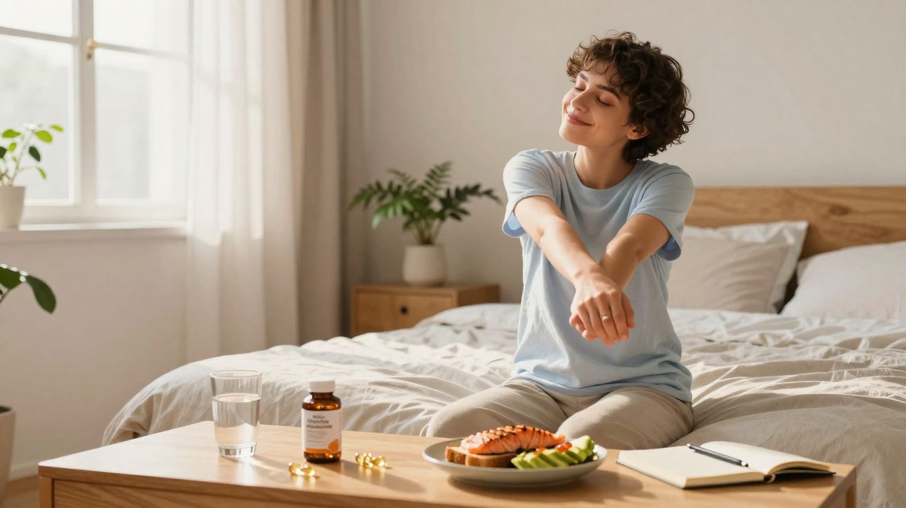 Jovem sentada na cama, alongando-se, com prato de comida, suplementos e copo d’água na mesa à frente.