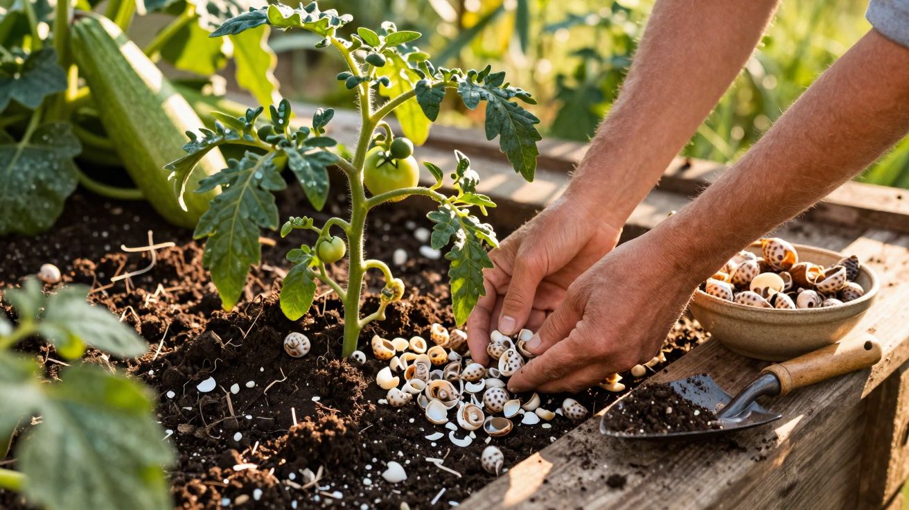Mãos colocando conchas na terra ao redor de uma muda de tomate em um canteiro elevado de madeira.
