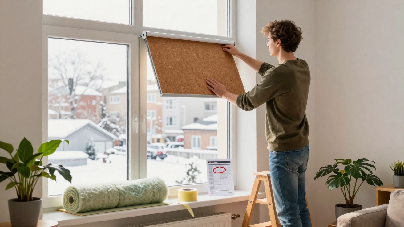 Homem instalando painel de cortiça na janela de apartamento com vista para neve na cidade.