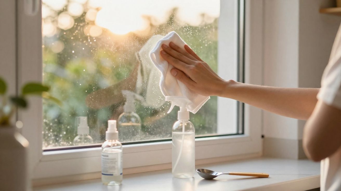 Pessoa limpando janela com pano branco e spray transparente em ambiente iluminado pela luz do sol.