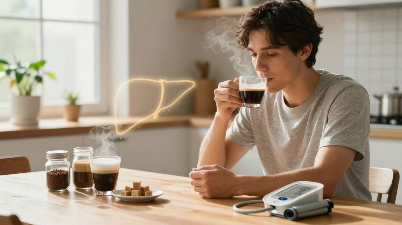 Homem sentado à mesa tomando café quente com ilustração do fígado e monitor de pressão arterial.
