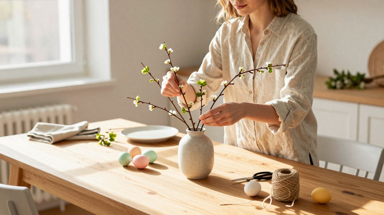 Mulher arrumando galhos floridos em vaso sobre mesa de madeira com ovos coloridos e utensílios.