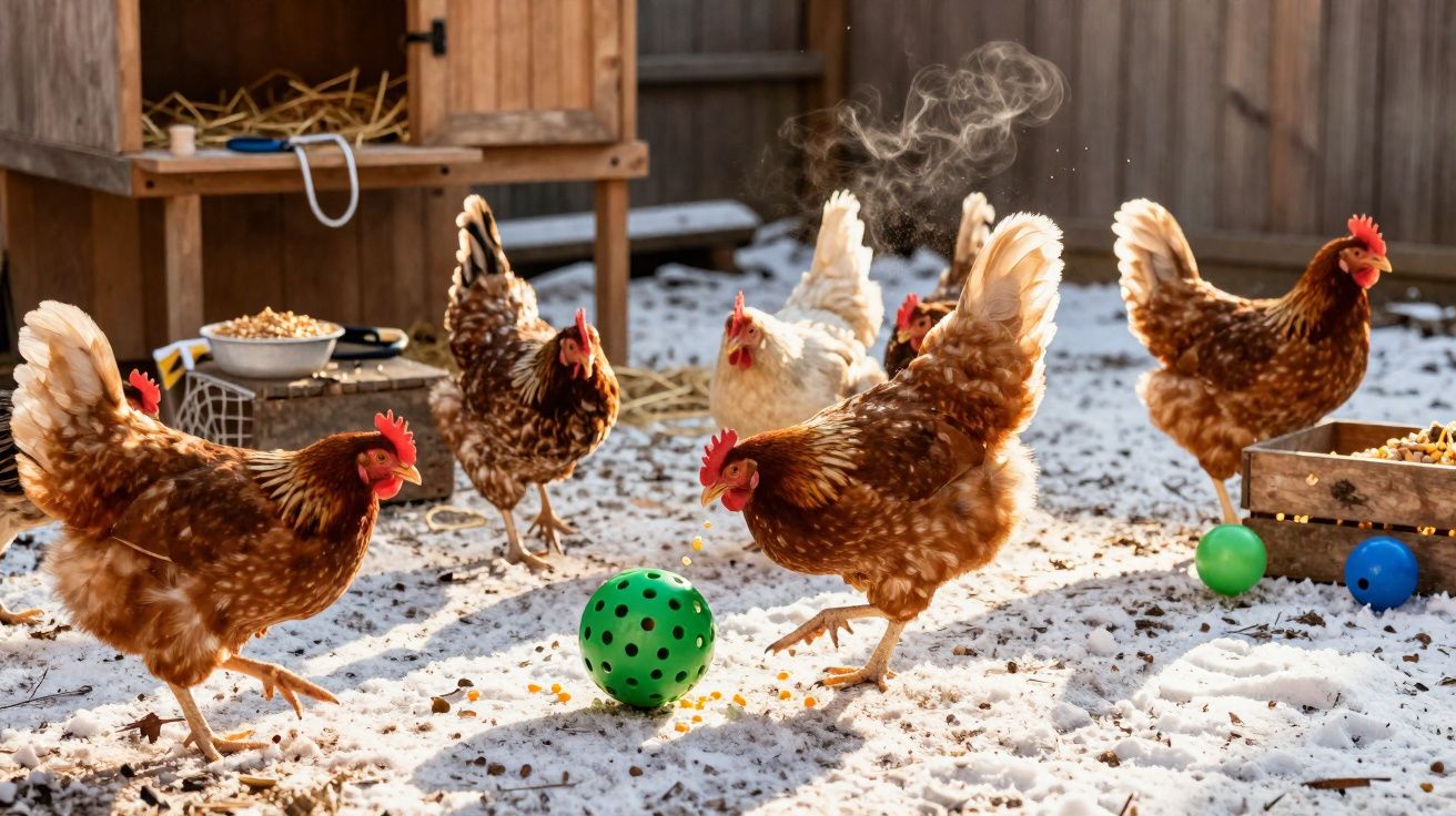 Galos em galinheiro com neve ao redor, brincando com bolas coloridas no chão.