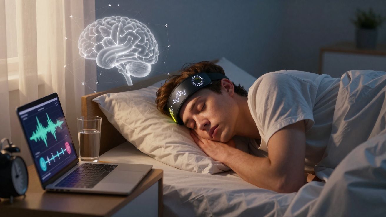Homem dormindo com faixa de monitoramento cerebral e laptop registrando ondas cerebrais ao lado da cama.