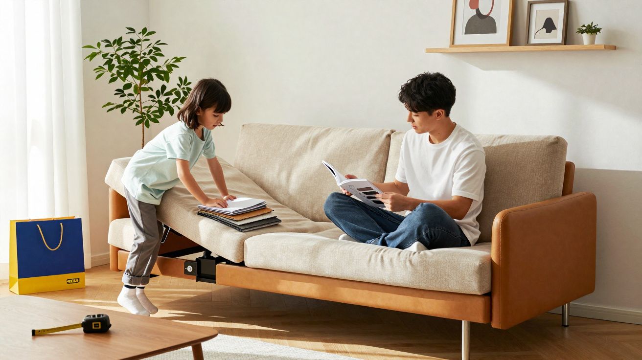 Criança e adulto lendo livros em sofá em sala iluminada com planta e decoração minimalista.