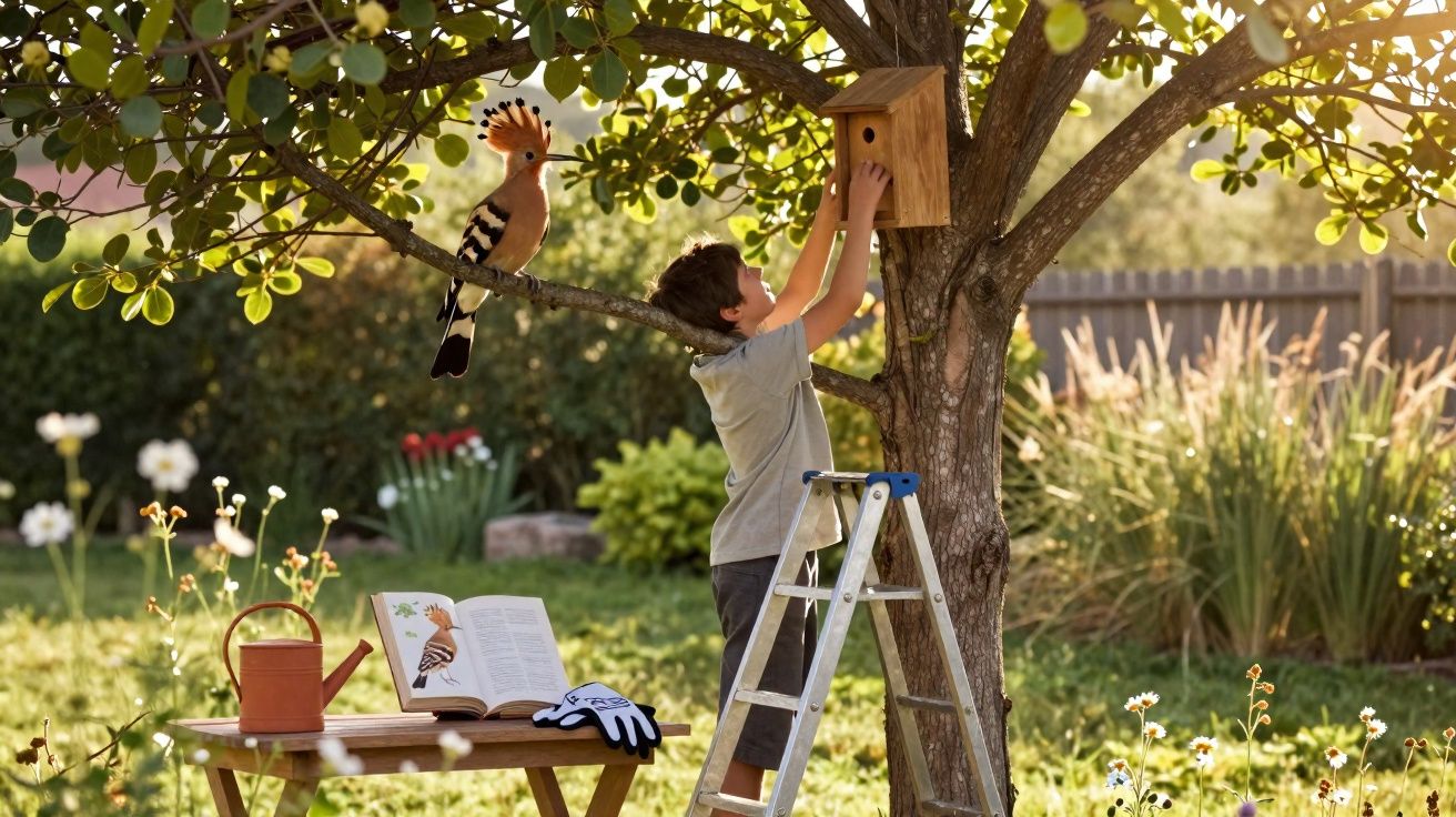 Menino sobe escada para colocar casa de pássaro em árvore, com pássaro e mesa com livro e regador.