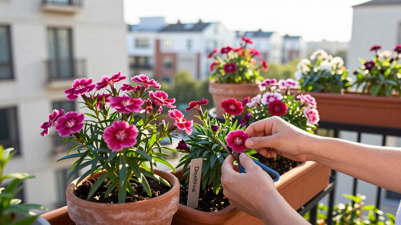 Mãos podando flores cor-de-rosa em vasos de cerâmica em uma varanda com prédios ao fundo.