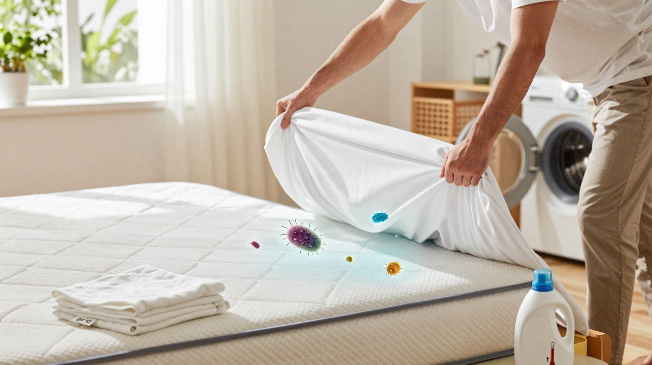 Pessoa levantando lençol sujo do colchão com representação gráfica de germes e detergente ao lado.