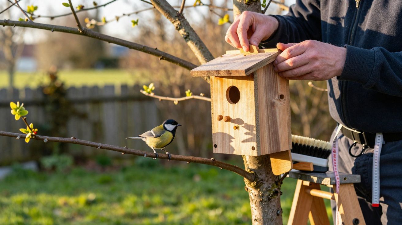 Pessoa instalando casa de madeira para pássaros em árvore com pássaro pousado em galho próximo em jardim.