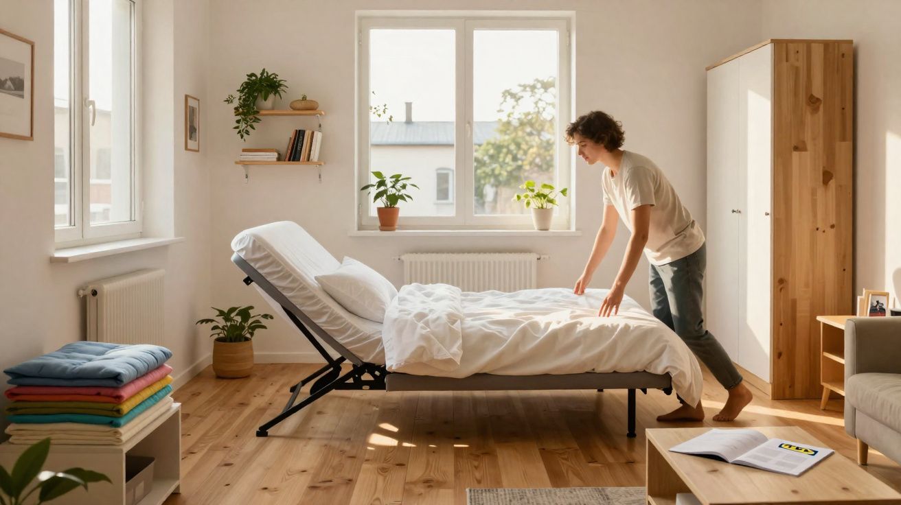 Pessoa arrumando cama em quarto iluminado por janelas com plantas e móveis de madeira clara.