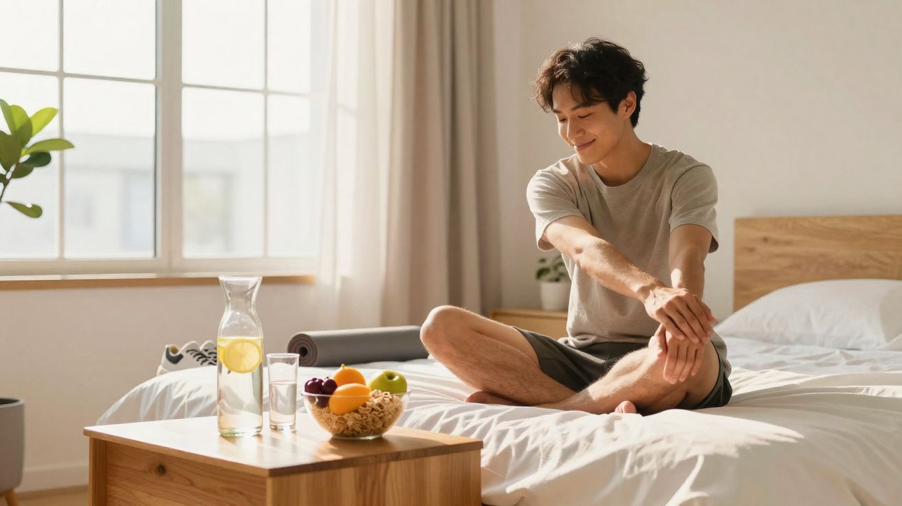 Homem sentado de pernas cruzadas na cama, alongando os braços em quarto iluminado e minimalista.