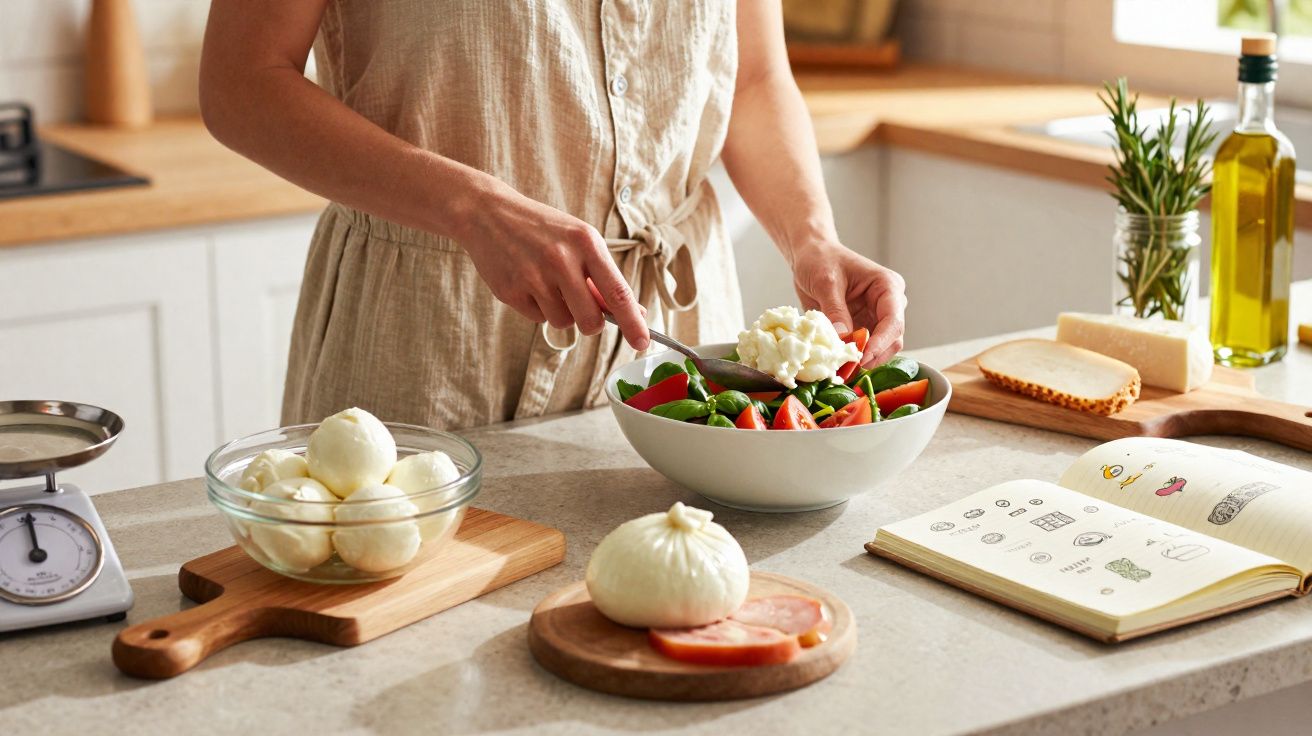 Pessoa preparando salada com queijo fresco em cozinha moderna, utensílios e livro de receitas na bancada.