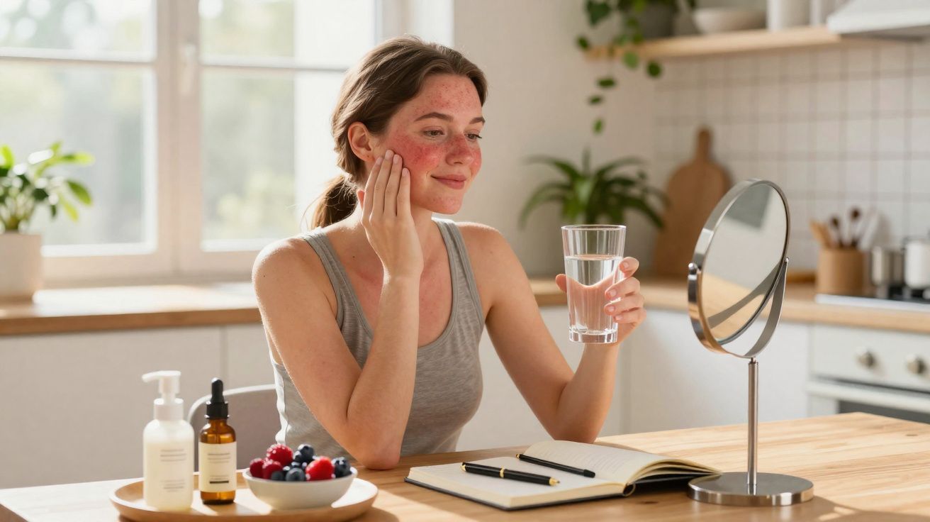 Mulher com vermelhidão facial segurando copo d'água e cuidando da pele em frente ao espelho na cozinha.