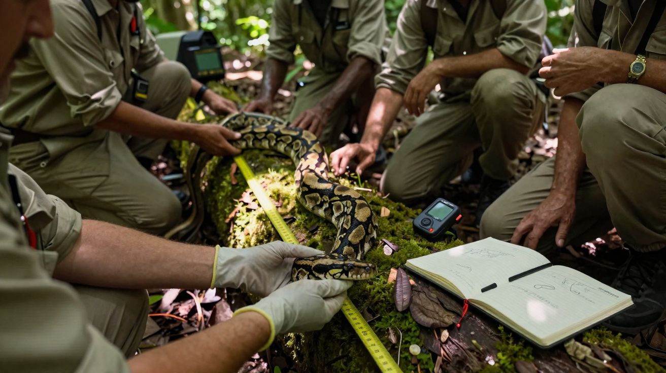 Equipe de pesquisadores mede uma jiboia na floresta, com caderno de anotações e equipamento ao redor.