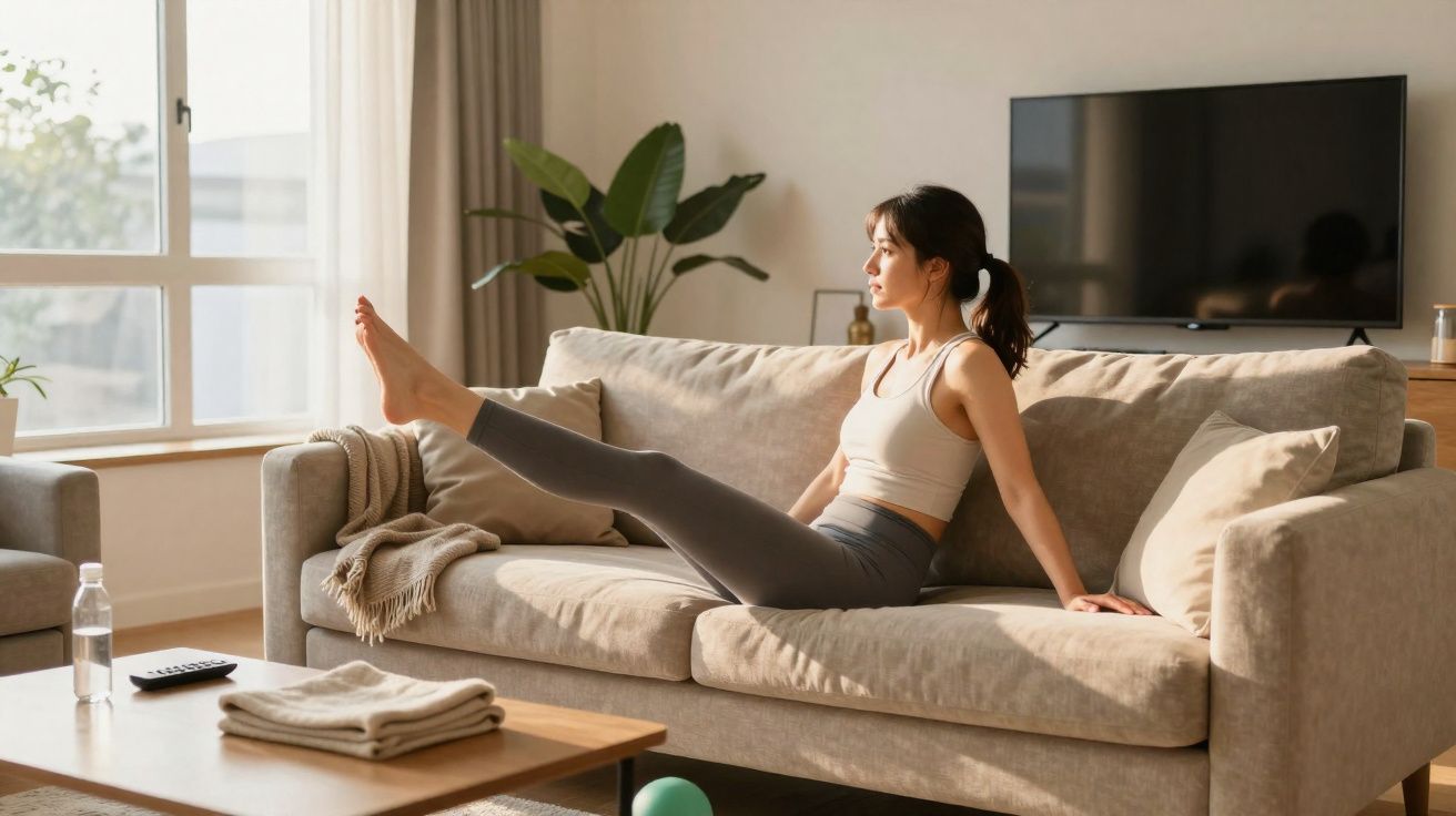 Mulher praticando exercícios de alongamento no sofá de uma sala iluminada e aconchegante.