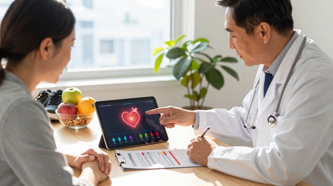Médico explica resultados de exame cardíaco a paciente usando tablet durante consulta em ambiente claro.