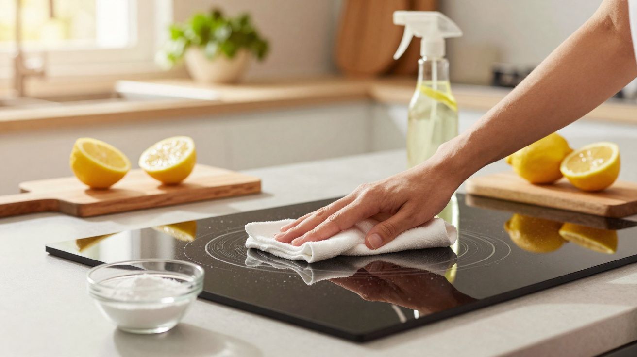 Mão limpando fogão de vidro com pano branco, próximo a limões cortados e spray de limpeza.