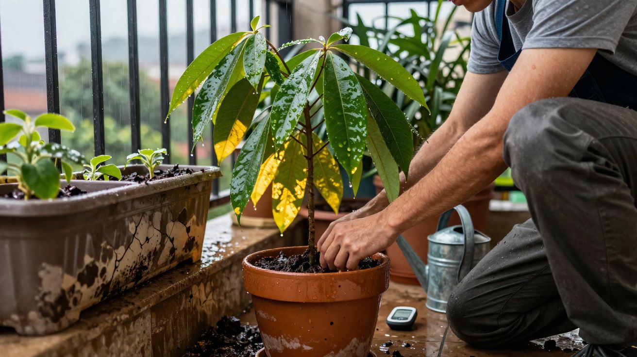 Pessoa cuidando de planta em vaso de barro na varanda, com regador e plantas ao redor.