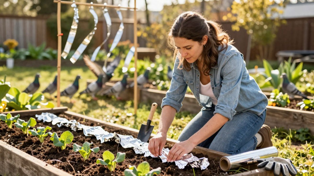 Mulher cuidando de plantas em canteiro, cobrindo mudas com papel alumínio no jardim ensolarado.