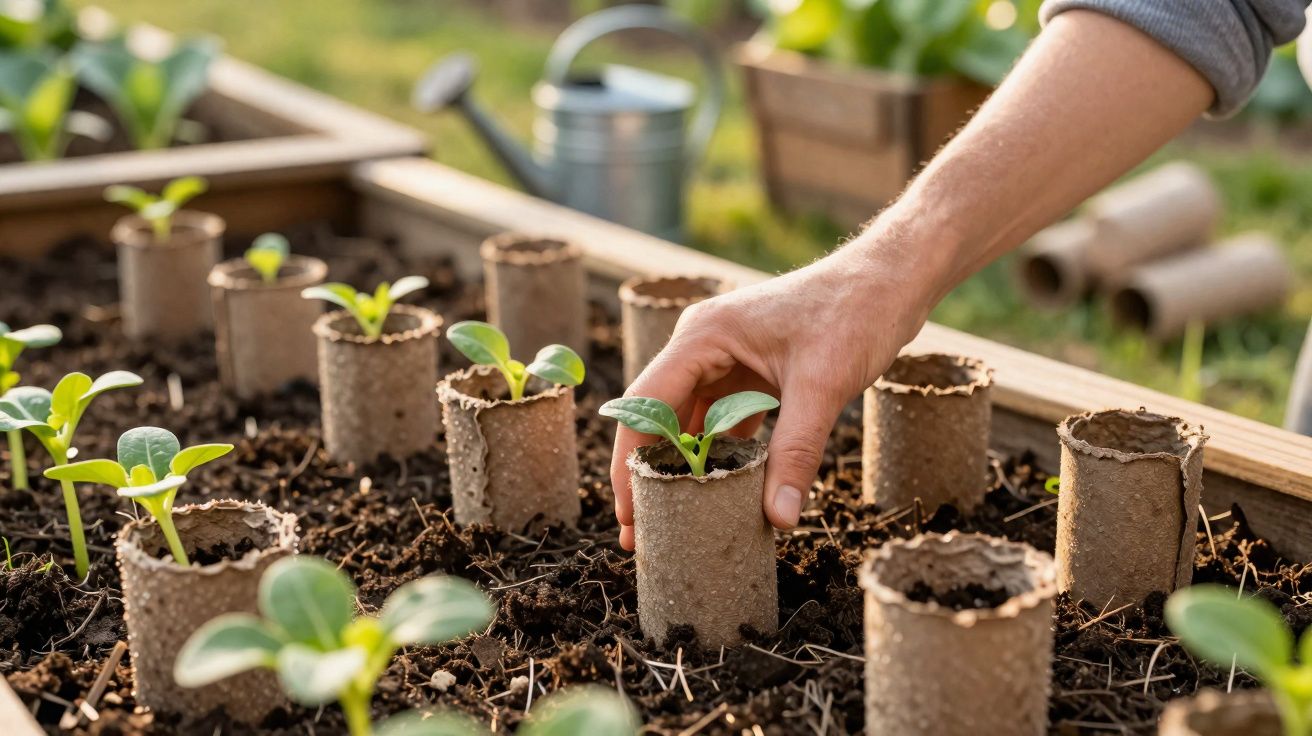 Mão plantando mudas verdes em pequenos vasos biodegradáveis no solo de uma horta.