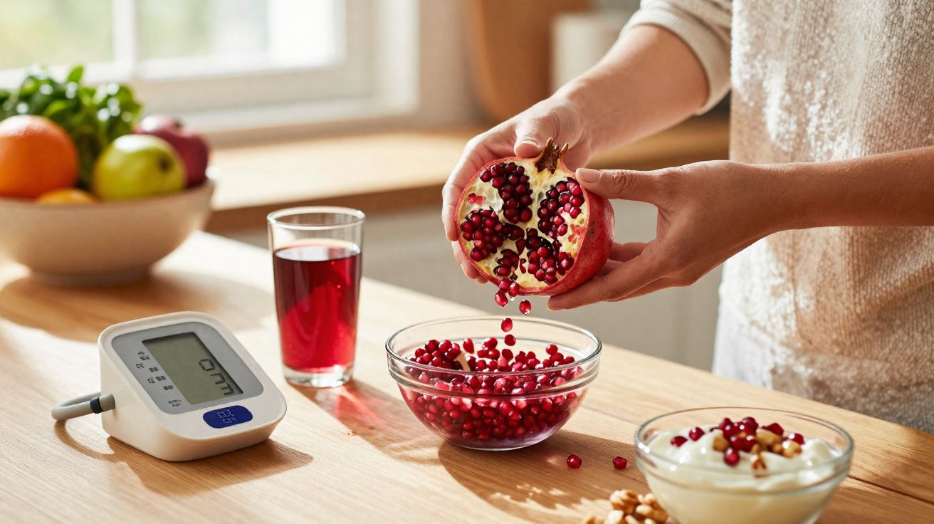 Pessoa espremendo romã para colher sementes em tigela de vidro, próximo a medidor de pressão e iogurte.