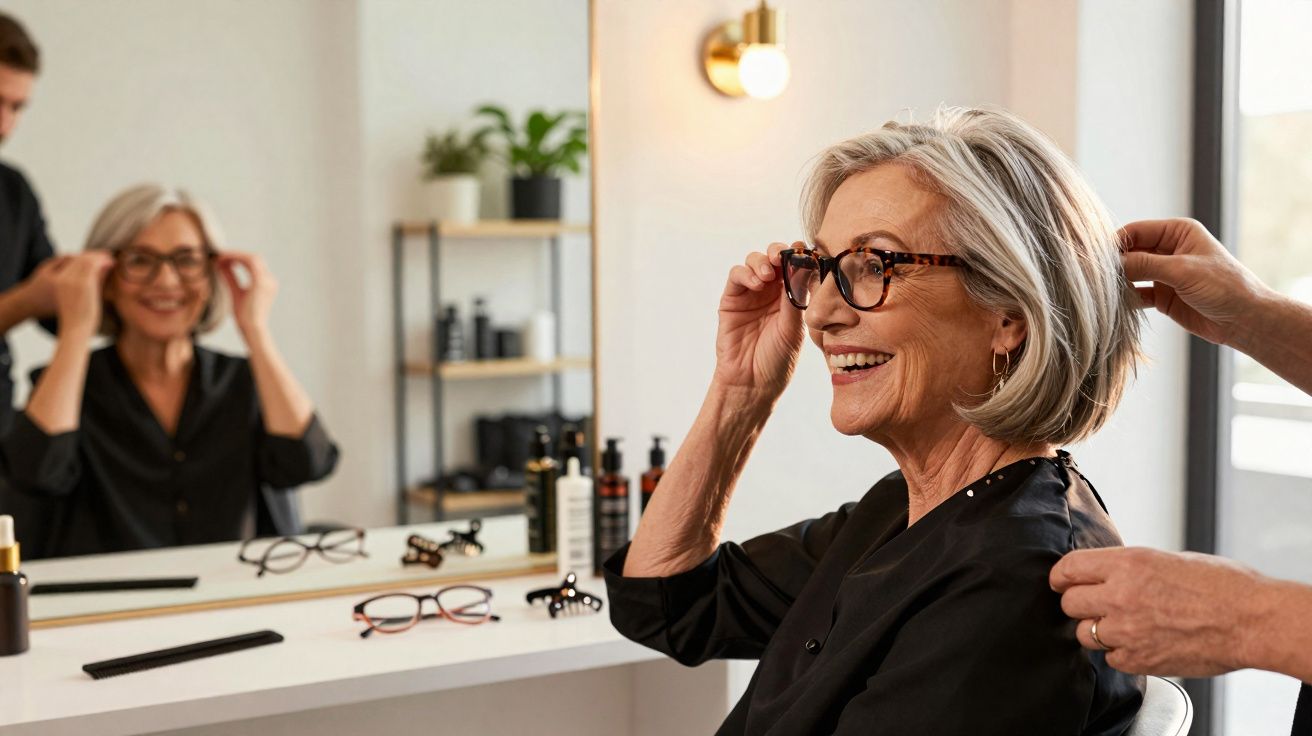 Mulher idosa sorrindo ao provar óculos em salão de beleza com cabeleireiro ajustando cabelo.