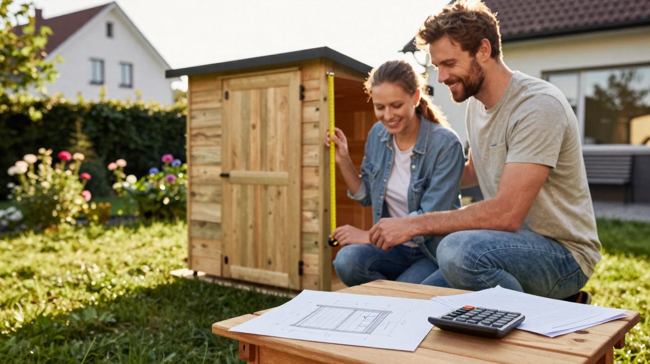 Casal medindo uma casinha de madeira no jardim com plantas ao fundo e plantas ao redor.