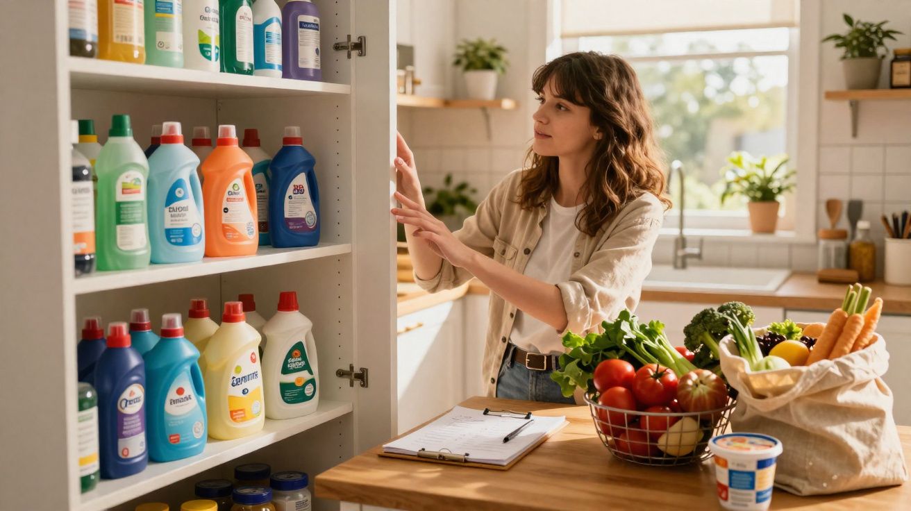 Mulher organizando produtos de limpeza em armário na cozinha com frutas e vegetais na bancada.