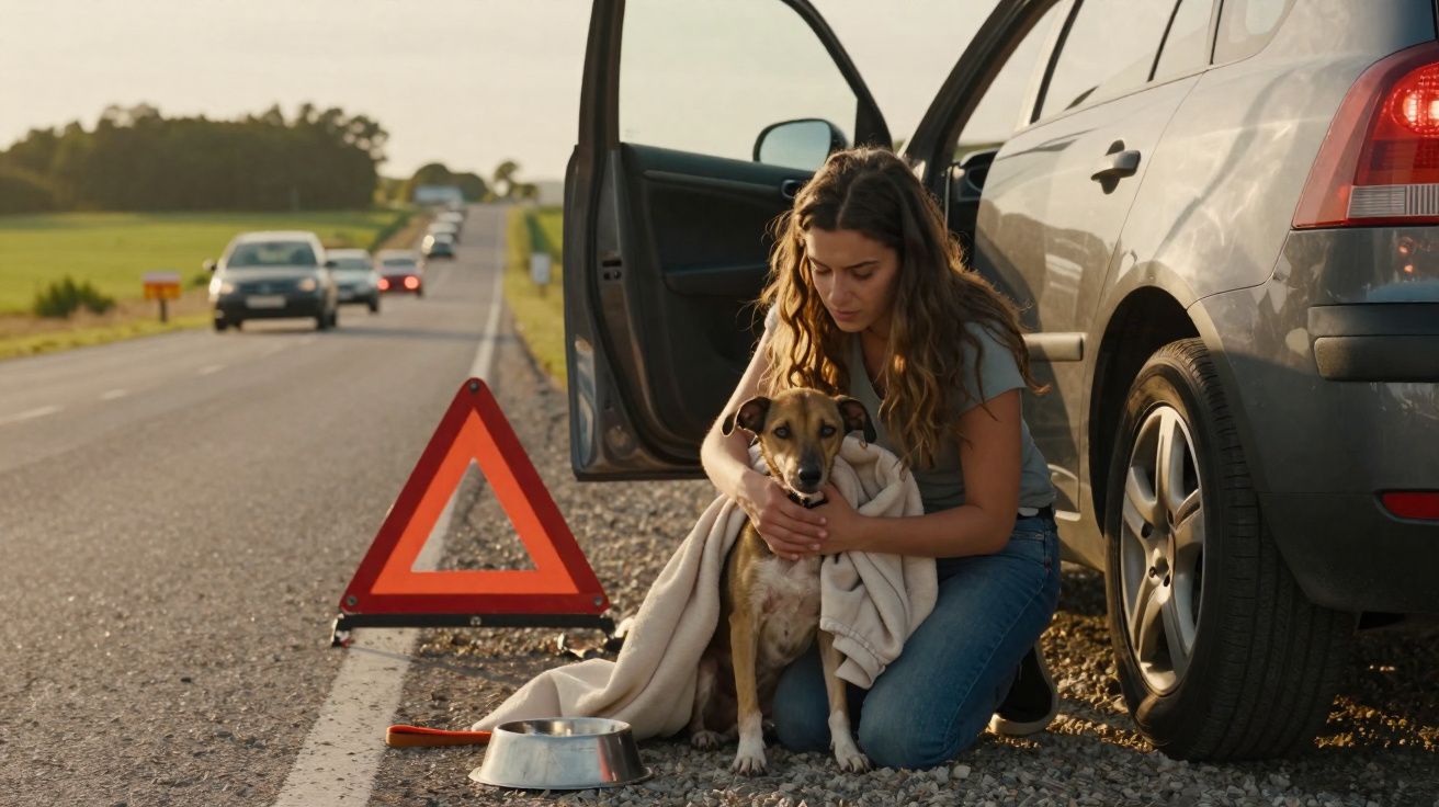 Mulher agachada ao lado de carro parado, segurando cachorro enrolado em cobertor na beira da estrada.