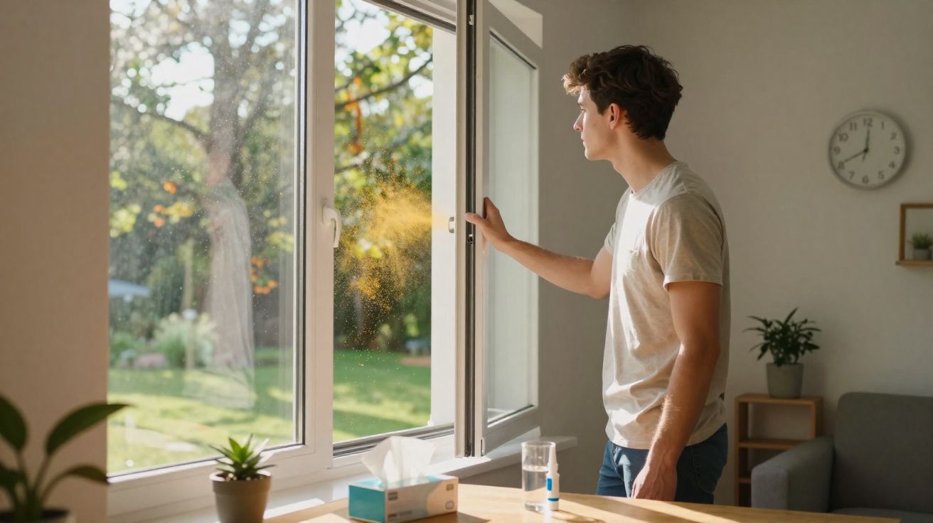 Homem abrindo janela de casa para arejar ambiente em ambiente iluminado pelo sol.