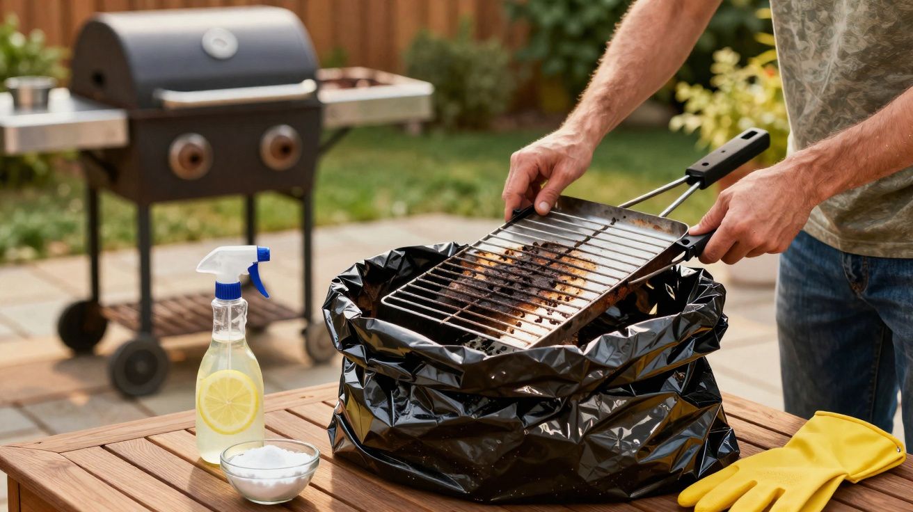 Pessoa limpando grelha de churrasqueira em saco plástico sobre mesa de madeira, com luvas amarelas ao lado.