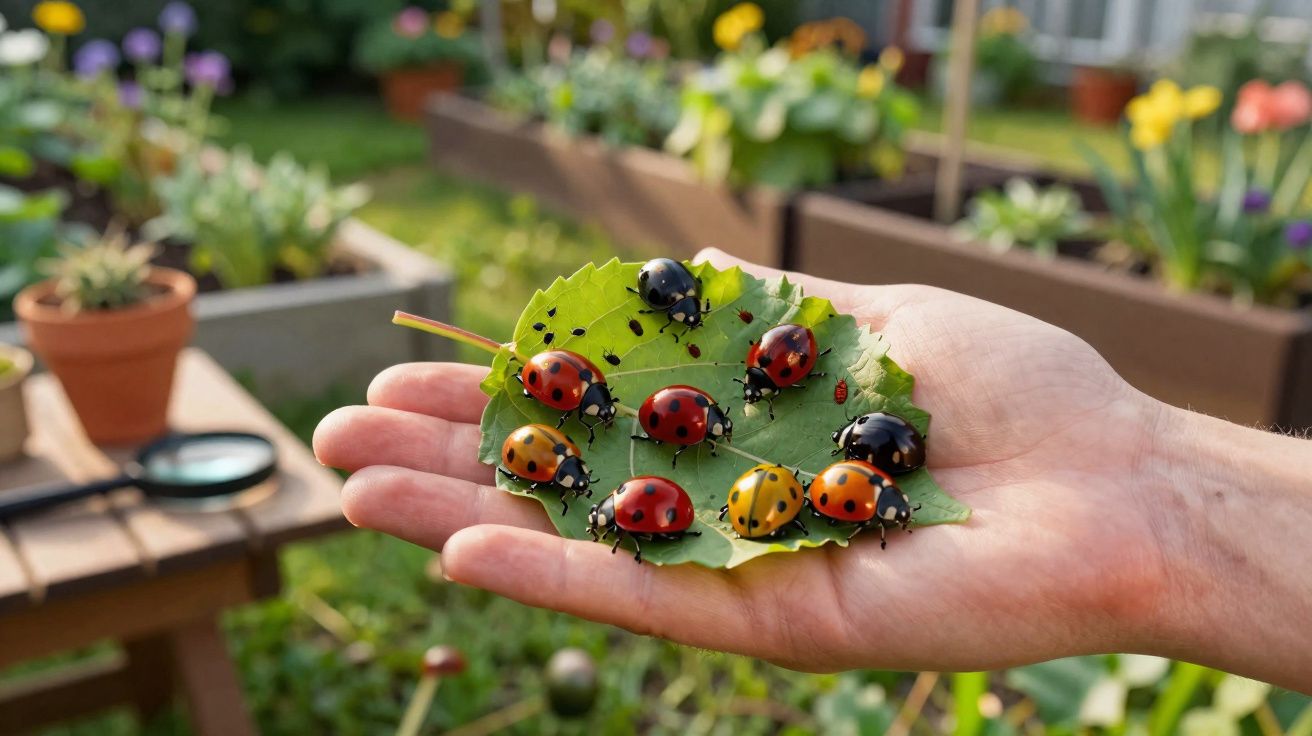 Mão segurando uma folha com várias joaninhas coloridas em um jardim ao fundo.