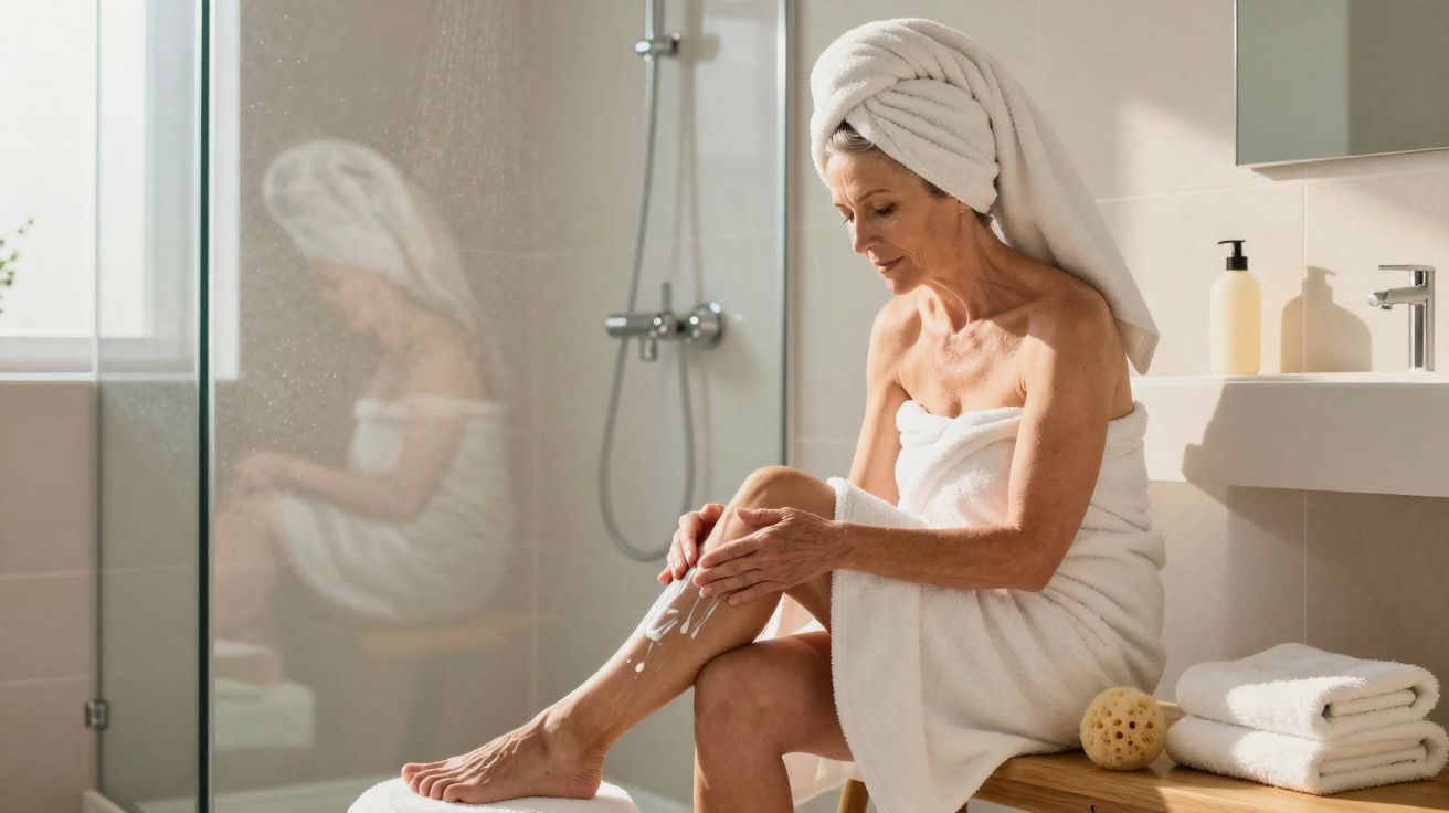 Mulher madura com toalha aplicando creme na perna em banheiro claro, sentada em banco de madeira.