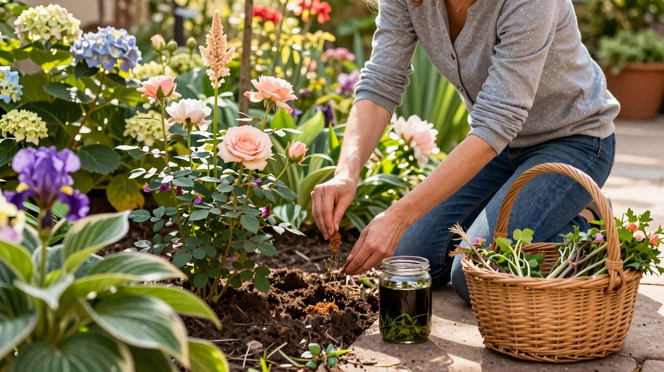 Pessoa plantando flores em um jardim florido, com cesta de vime ao lado e pote de vidro com planta.