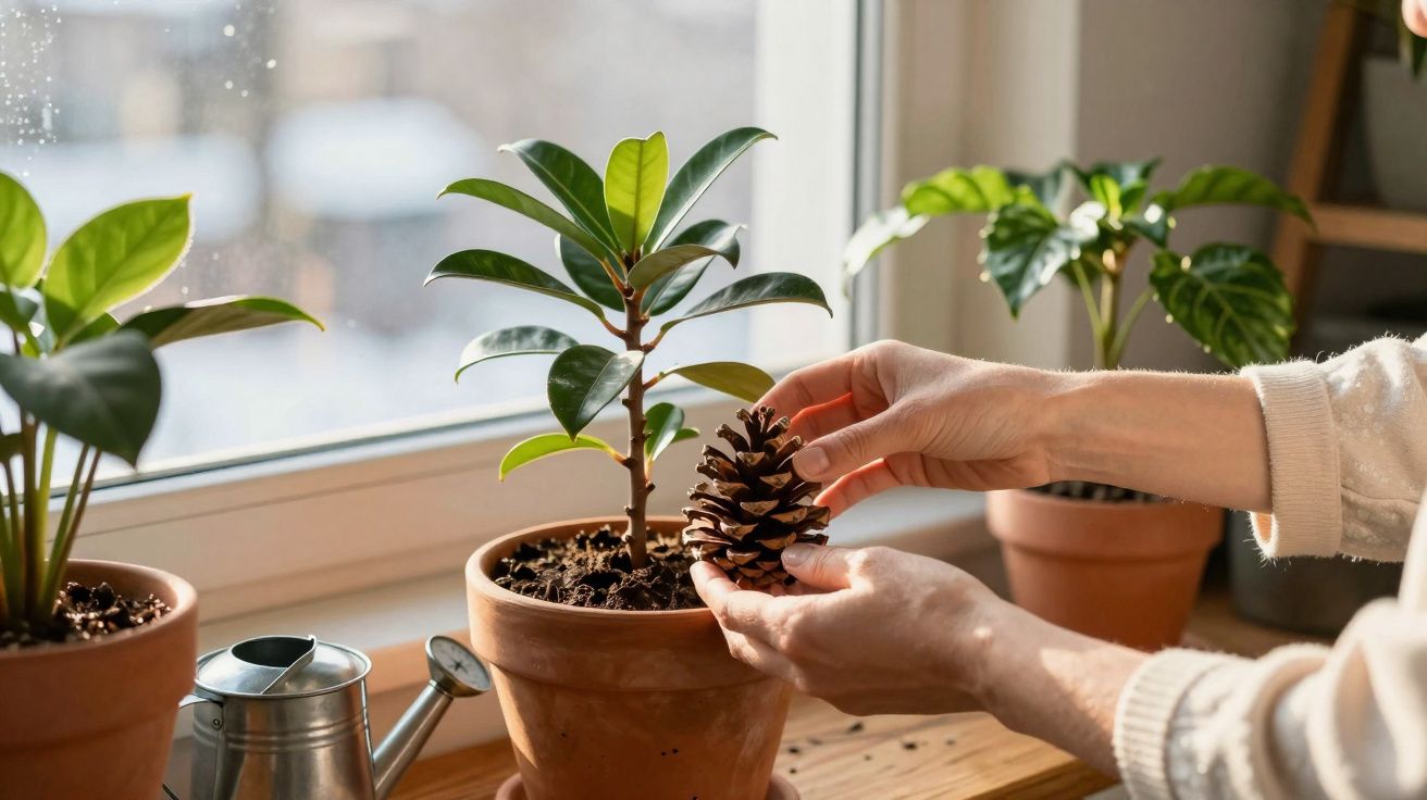 Mãos segurando uma pinha perto de plantas em vasos, ao lado de regador, próxima a uma janela ensolarada.