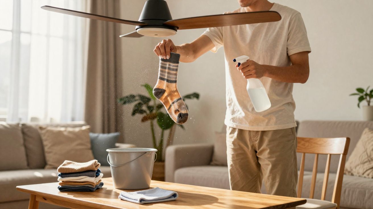 Pessoa segurando meias úmidas e borrifador em sala de estar iluminada, com balde e toalhas em mesa de madeira.