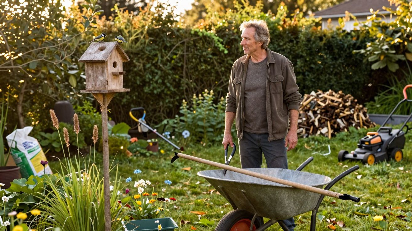 Homem em jardim olhando para pássaros em casinha, ao lado de carrinho de mão e ferramentas de jardinagem.