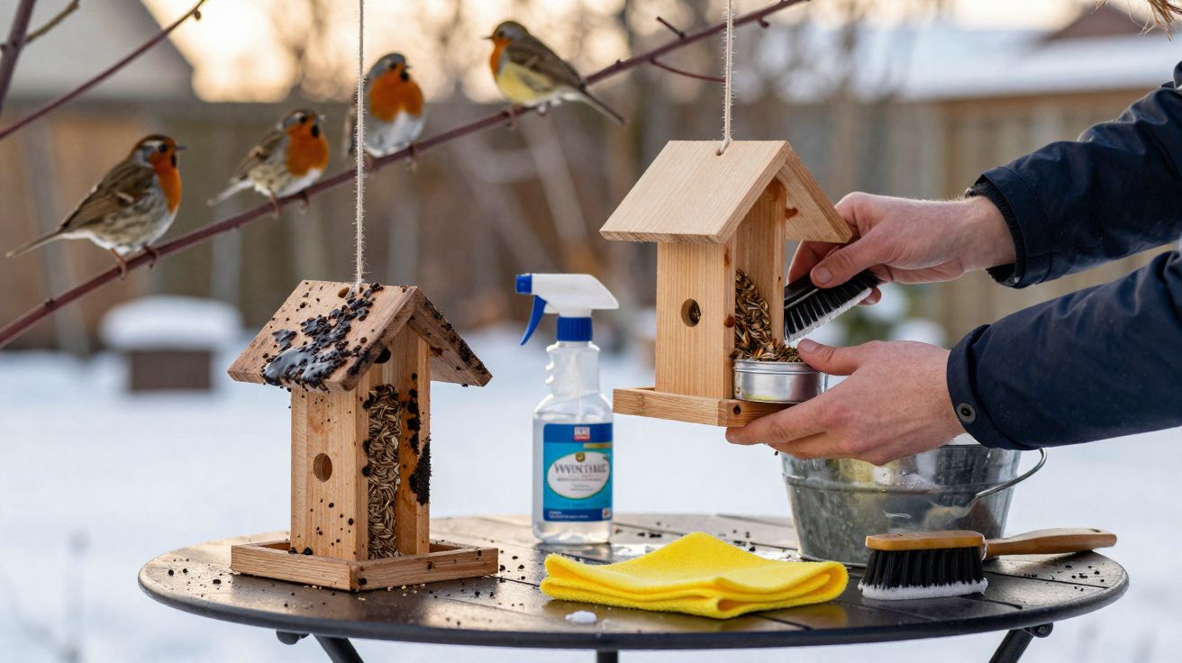 Mãos limpando e reabastecendo comedouro de pássaros, com pássaros empoleirados em galho ao fundo.