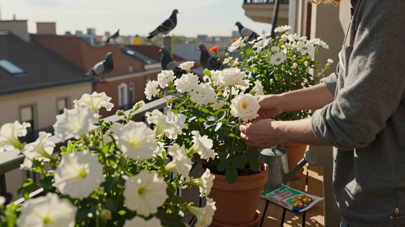Pessoa cuidando de flores brancas em vasos na varanda com prédios ao fundo em dia ensolarado.