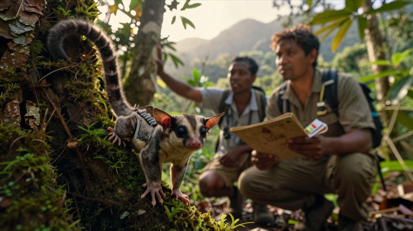 Gambá-de-cauda-anelada em árvore com dois biólogos observando e registrando dados na floresta.