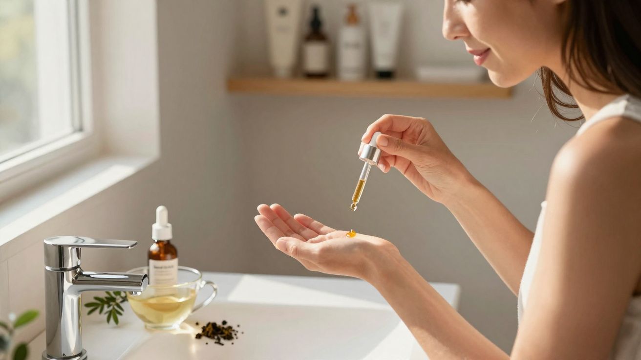 Mulher aplicando óleo facial com conta-gotas na palma da mão em banheiro iluminado.