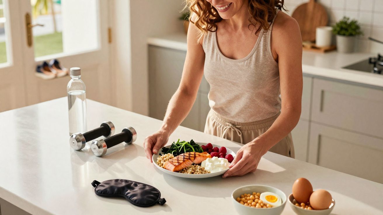 Mulher segura prato com comida saudável na cozinha, ao lado de halteres e máscara de dormir.