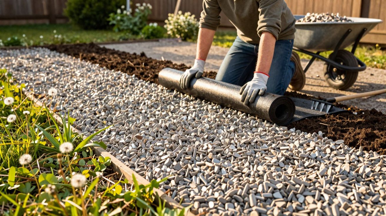 Pessoa aplicando tela geotêxtil sobre caminho de pedras decorativas em jardim ensolarado.