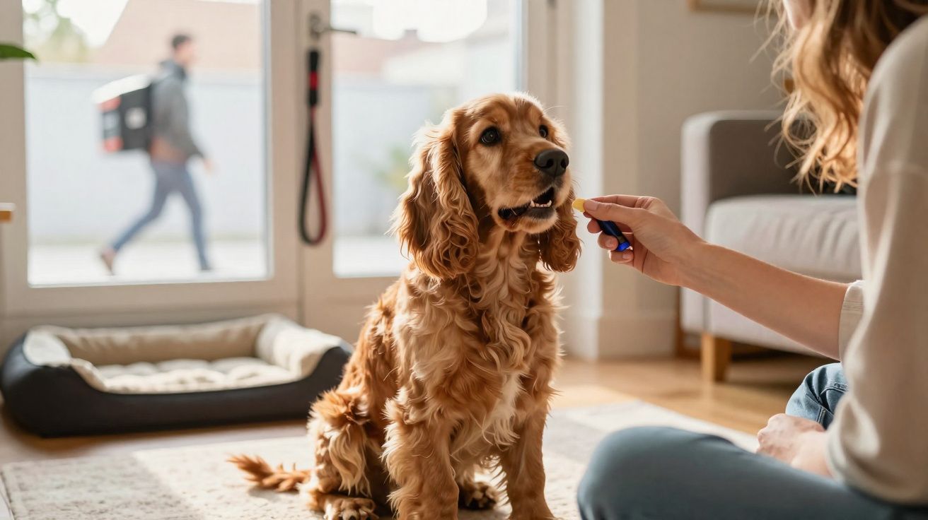 Pessoa alimentando um cachorro marrom dentro de casa com uma cama e porta de vidro ao fundo.