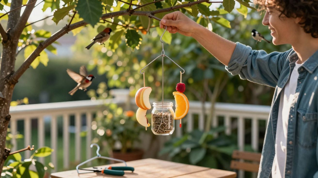 Pessoa segurando comedouro artesanal com frutas e sementes para pássaros em jardim ensolarado.